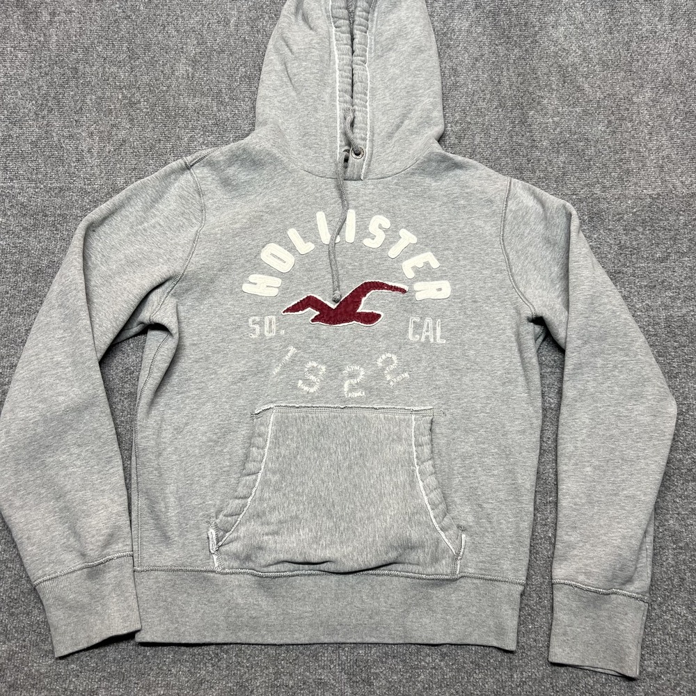 Y2K Hollister Hoodie Mens Large Gray Pullover Kangaroo Pocket Graphic Sweatshirt